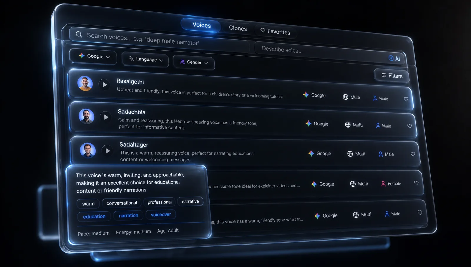 Gemini Voice Direction picker - 12 curated styles plus custom