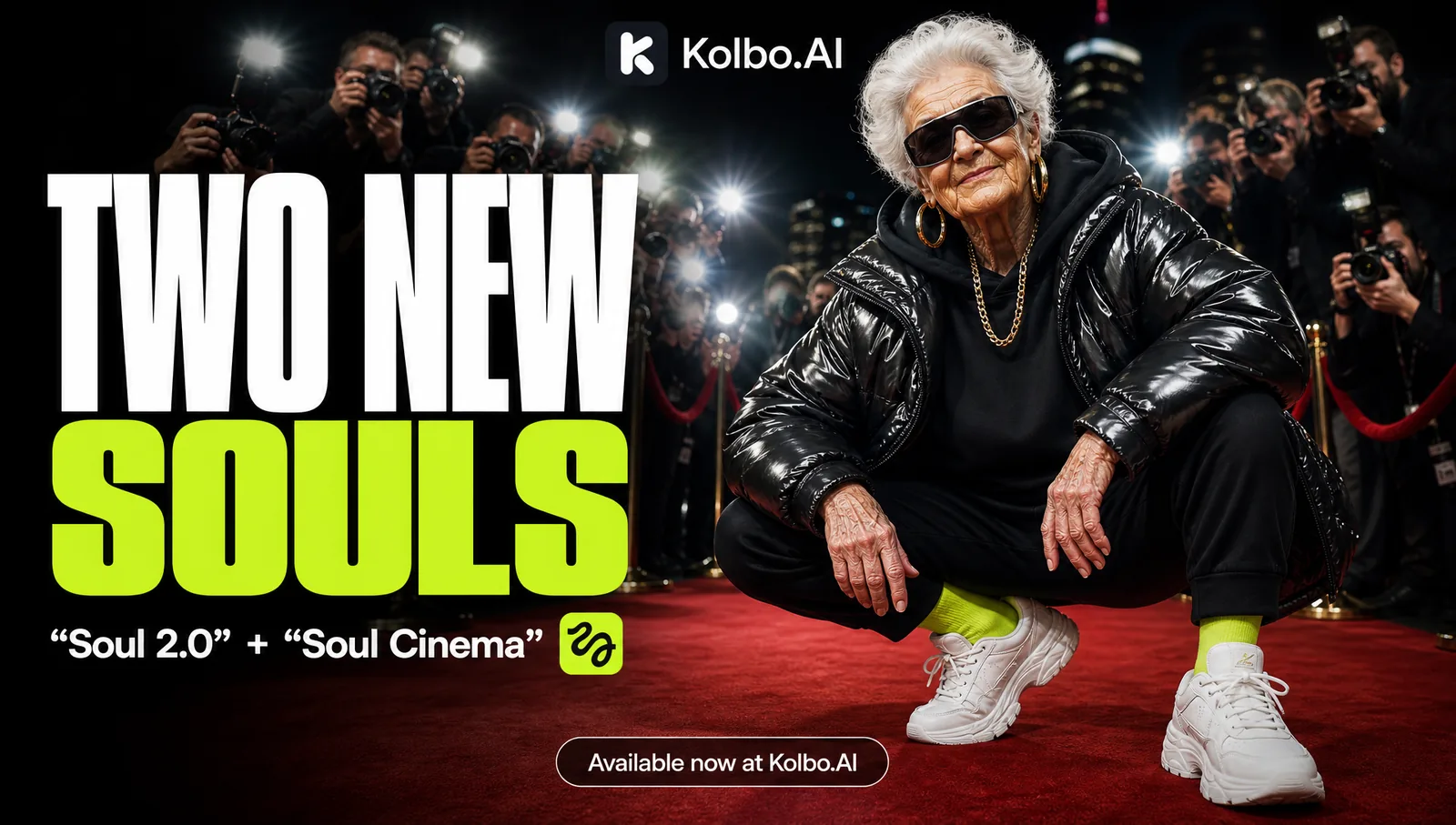 Higgsfield Soul 2.0 and Soul Cinema launch - a grandma in a red gown on a red carpet, rendered in cinematic film-still quality