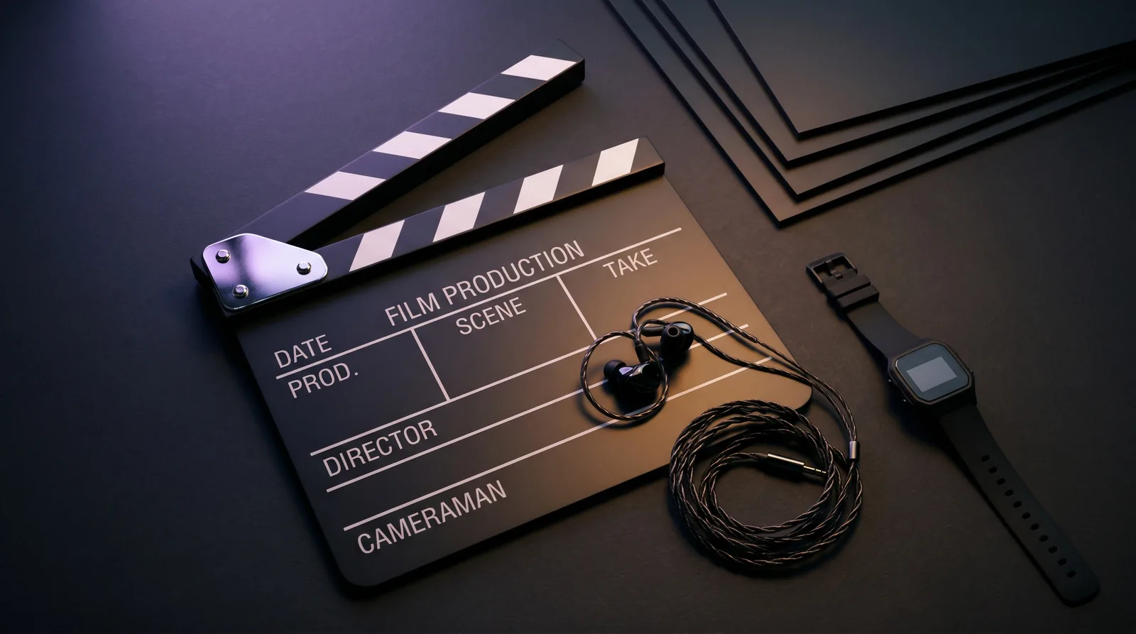 Cinematic overhead flat-lay of a film clapperboard, earphones, and layered panels on a dark surface