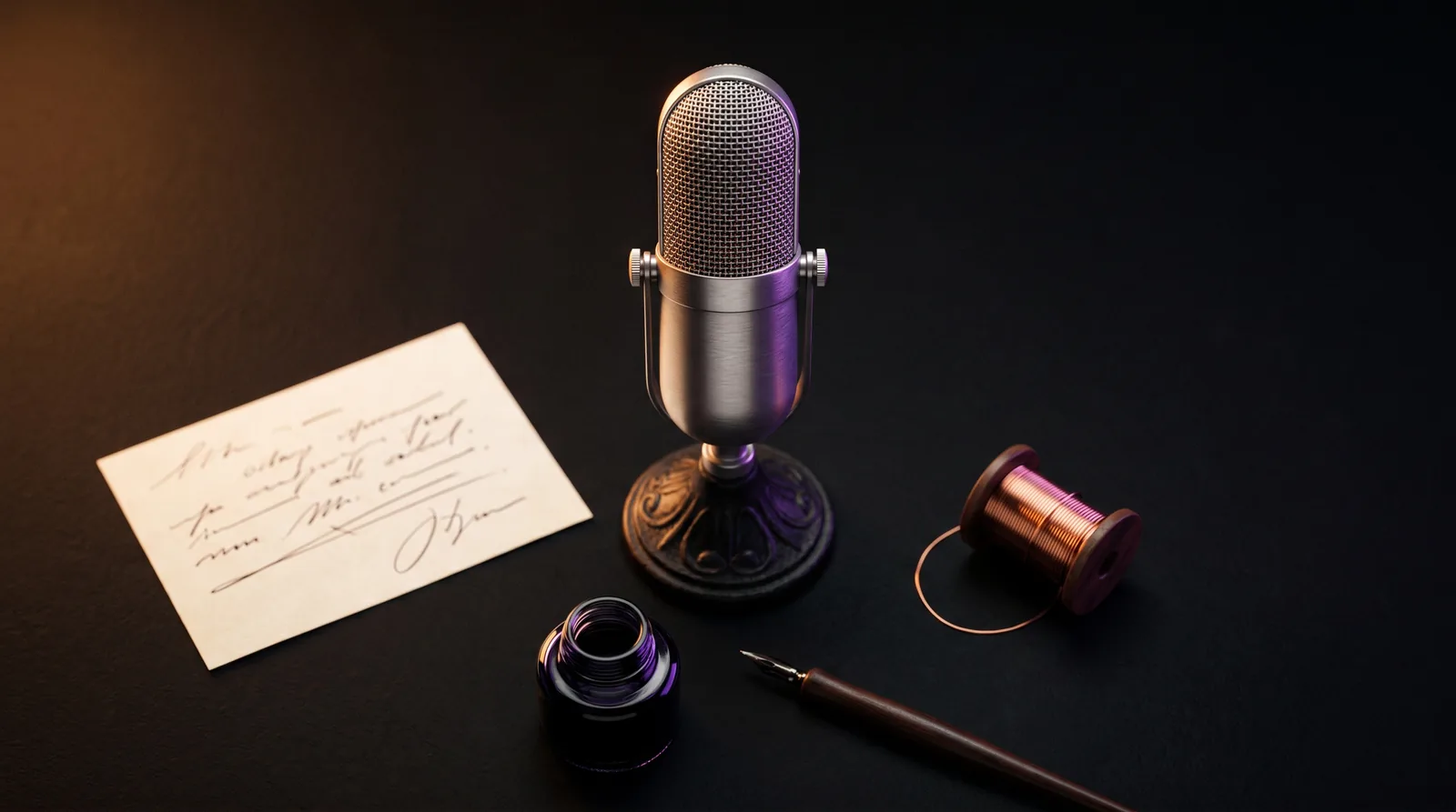 Editorial flat-lay of a broadcast microphone and handwriting tools on a dark surface, representing voice design