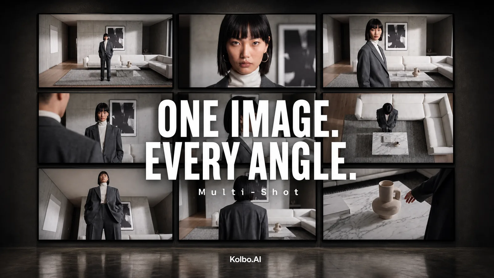 Multi-Shot grid: one scene re-photographed from nine camera angles
