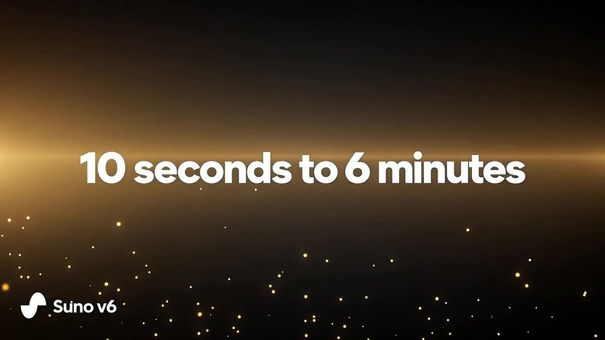Dark gold launch card reading '10 seconds to 6 minutes' with the Suno v6 logo lockup in the corner