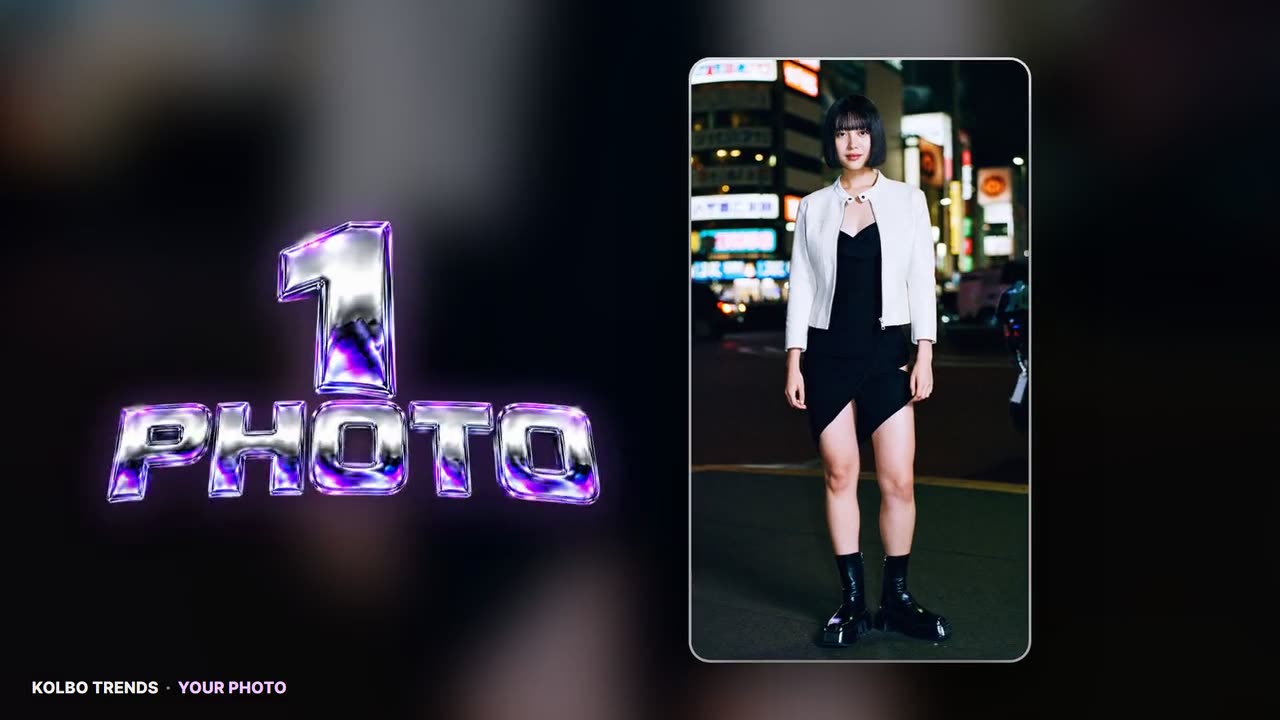 Kolbo Trends launch frame reading '1 Photo' in chrome lettering next to a portrait of a woman in a white jacket on a neon-lit street